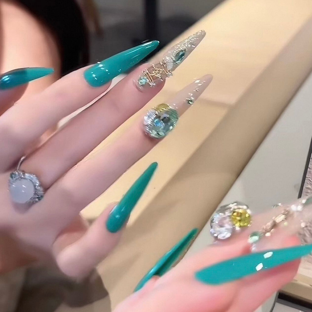 Handmade press-on nails - peacock blue with rhinestone accents, gentle & flattering, removable nail stickers, long length, elegant & luxurious