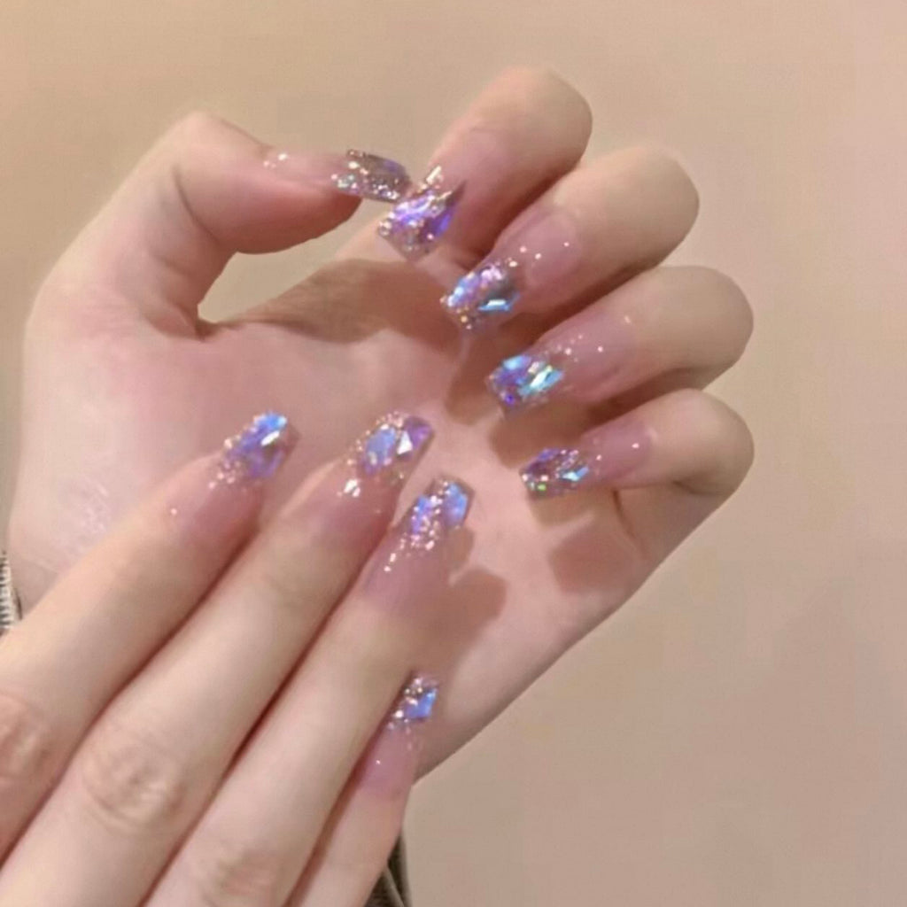 Handmade press-on nails: ethereal purple shimmer, dazzling aurora diamond, soft & flattering, ultra-fairy false nails