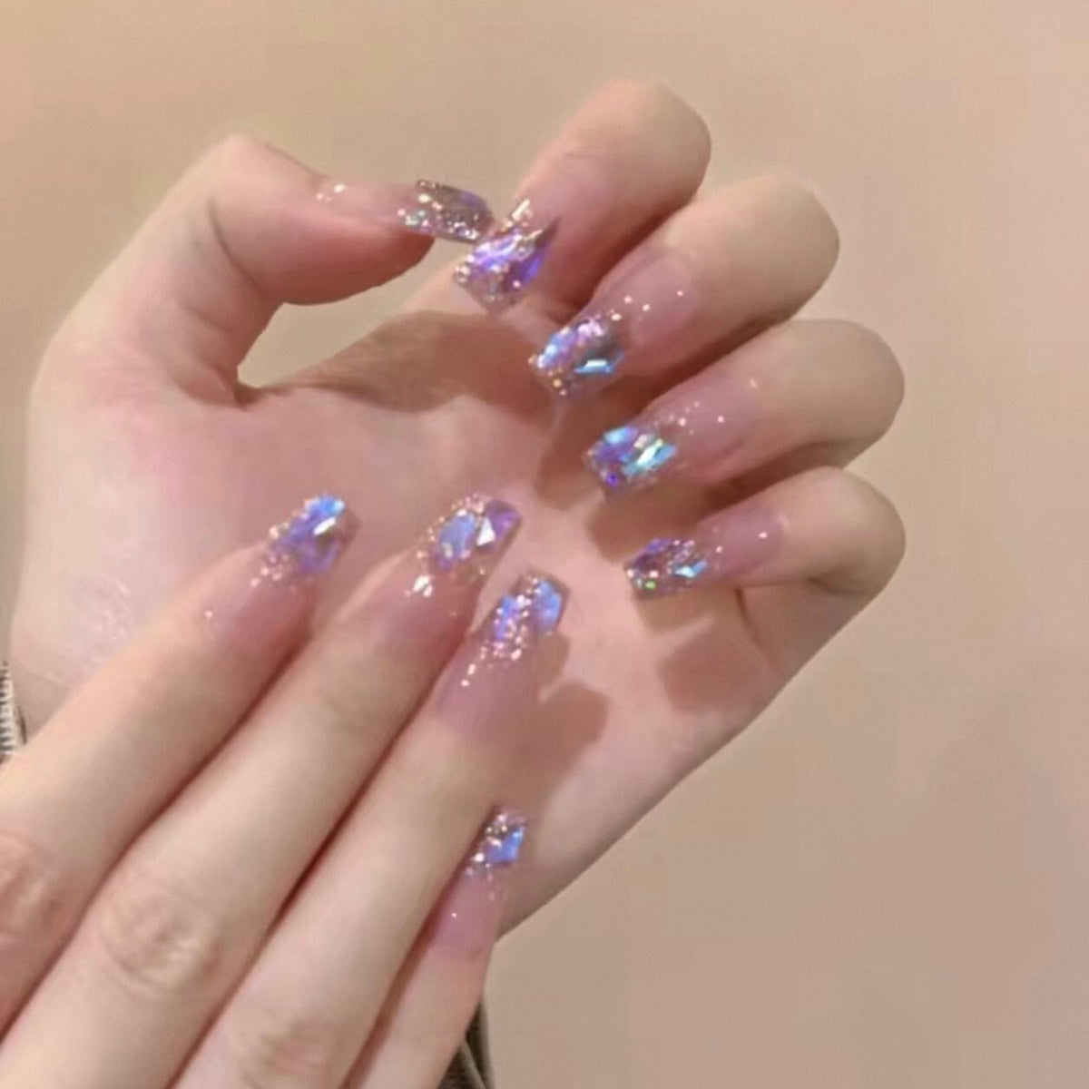 Handmade press-on nails: ethereal purple shimmer, dazzling aurora diamond, soft & flattering, ultra-fairy false nails