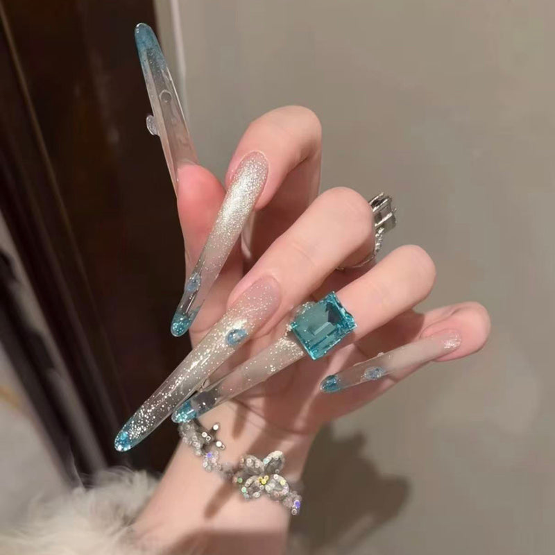 High-luxury peacock blue full-flower diamonds flash cat's eye French wedding nail pure handmade nail wear nail