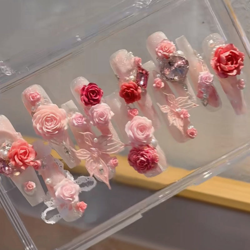 Cat's eye press-on nails with three-dimensional floral premium touches, uniquely beautiful handmade wear nail art