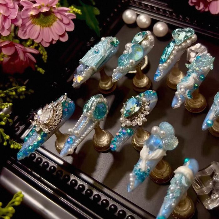 Haiyu Castle Heavy Industry Ocean Wind Jellyfish Sky Blue Zircon Diamond Long Handmade Wear Nail Custom Nail Art