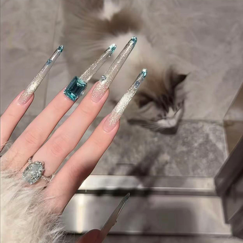 High-luxury peacock blue full-flower diamonds flash cat's eye French wedding nail pure handmade nail wear nail