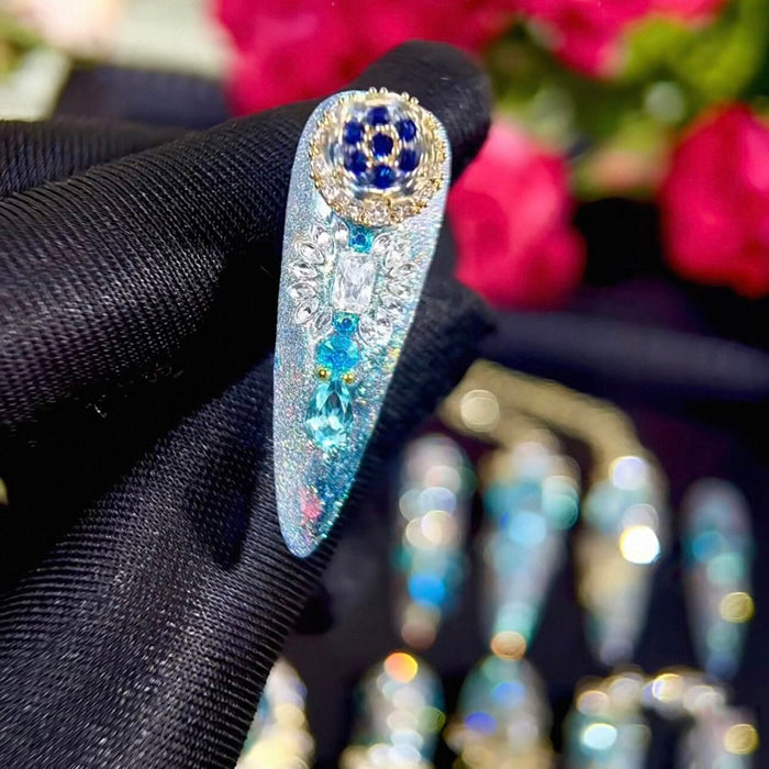 Luxury blue magic gold heavy industry original luxury blue gradual change zircon diamond long handmade wear nail custom nail art