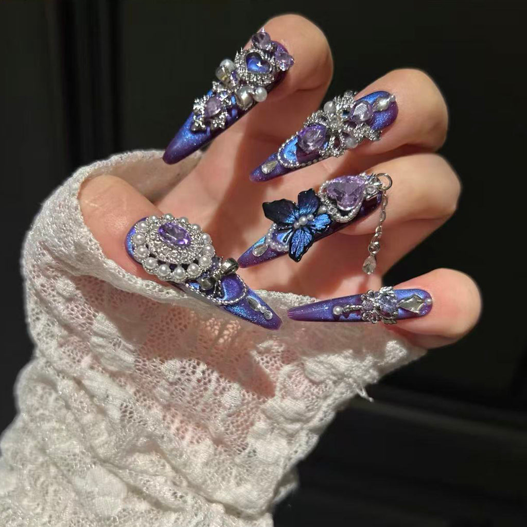 Halloween handmade press-on nails: premium purple cat eye manicure, whitening, exquisite luxury false nail stickers