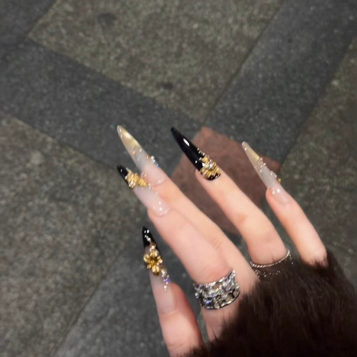 Handmade press-on nails: premium new year gold glitter cat eye long nails, hand-painted gold flower magic mirror, removable press-ons