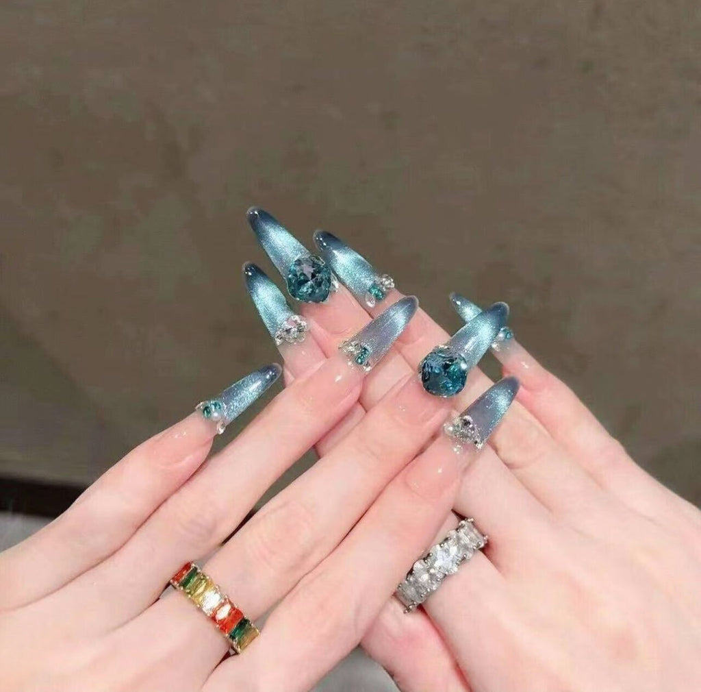 Spring new arrivals: dreamy ocean blue smiling french cat eye premium handmade press-on nails