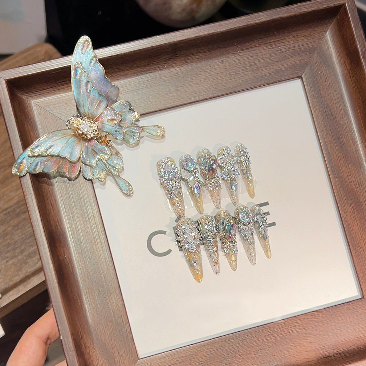 New cloisonné butterfly glitter handmade press-on nails - new year manicure, gold tone, brightening press-on nails