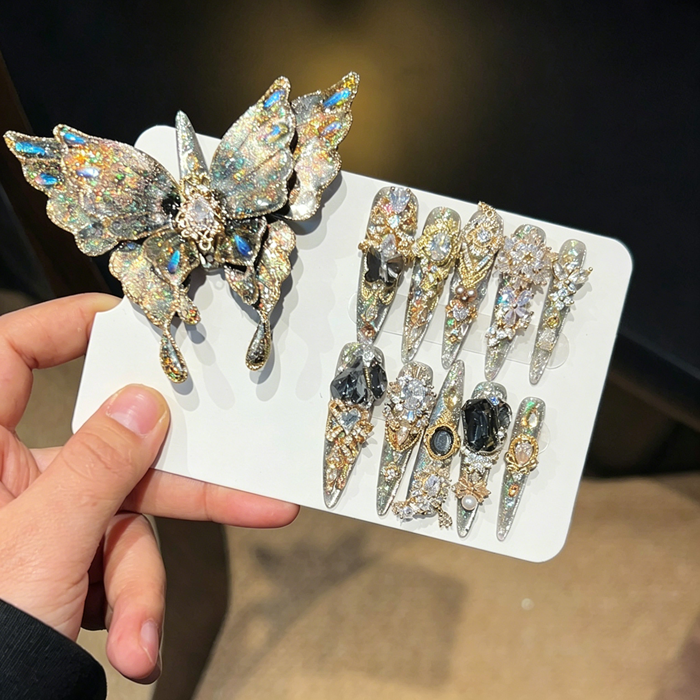New black butterfly nail art handmade sparkling wearable nail art new year elegant full diamond wearable nail art