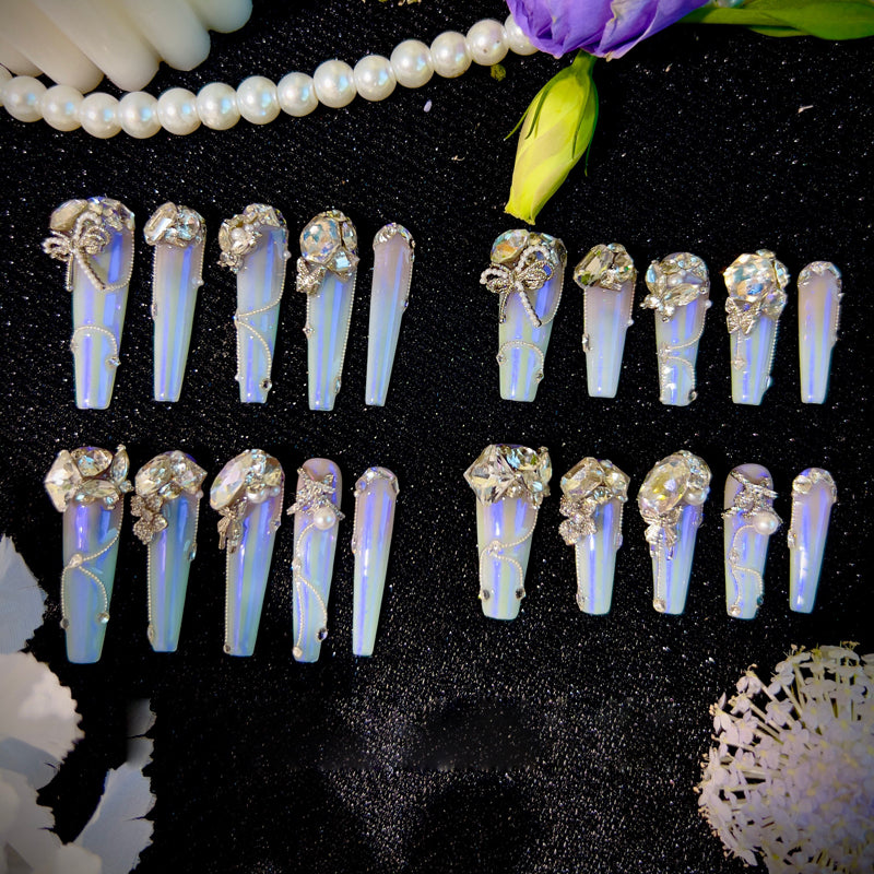 Light pink gradual change blue aurora noble daughter cool feeling full zircon diamond handmade wear nail custom nail manicure