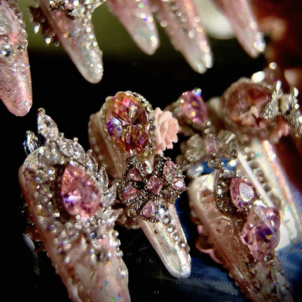 Powder Crystal Crushed Mang Heavy Industry Original Fairy Qi Pink Printed Zircon Diamond Long Handmade Wear Nail Customized Nail Art