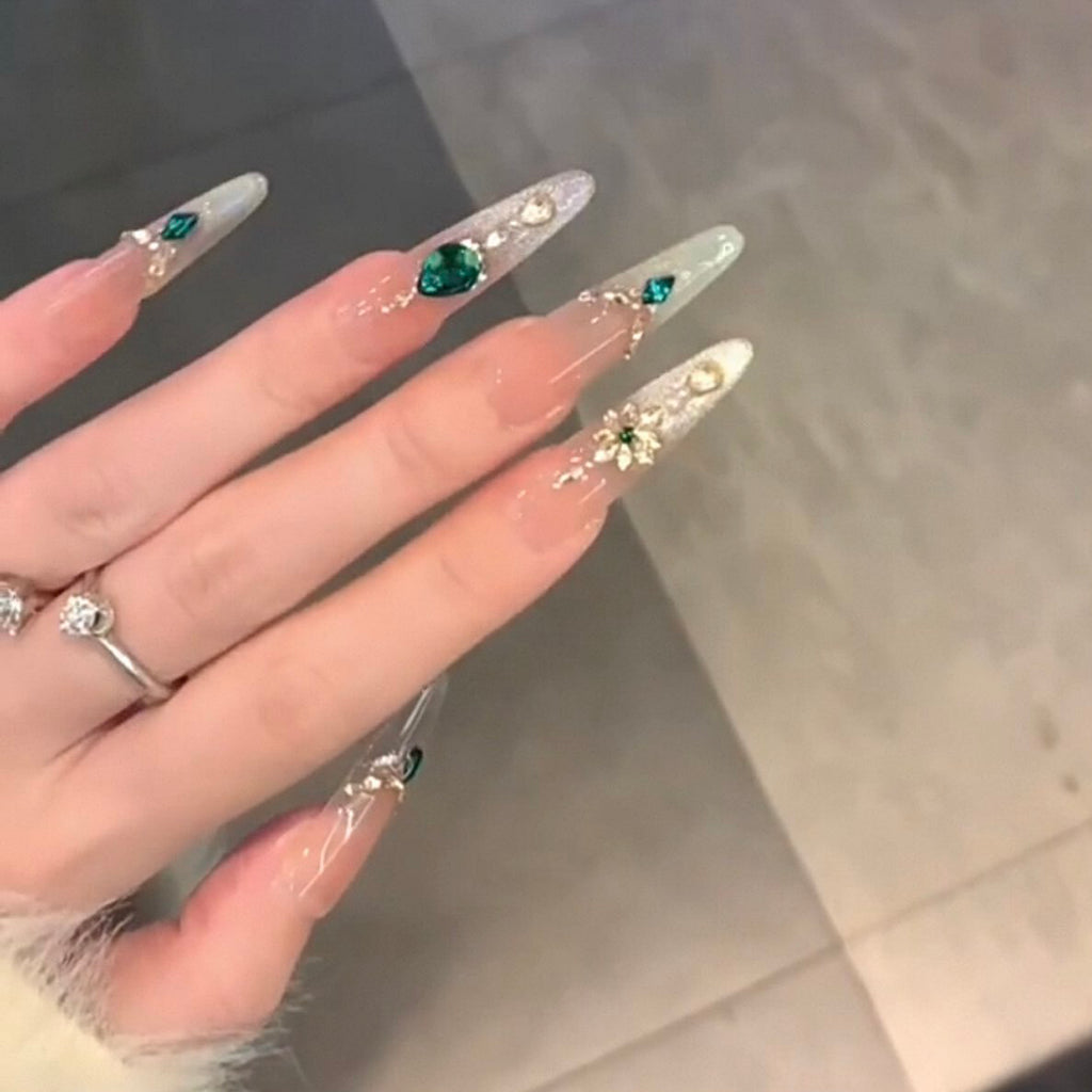 Handmade press-on nails - summer mid-length cat eye, luxe retro, elegant, and flattering white gel nail tips