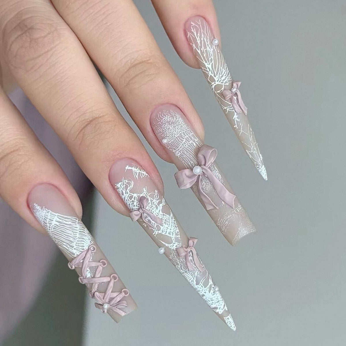Handmade custom press-on nails: new, sweet & girly pink french bow long length, whitening, new nail art stickers