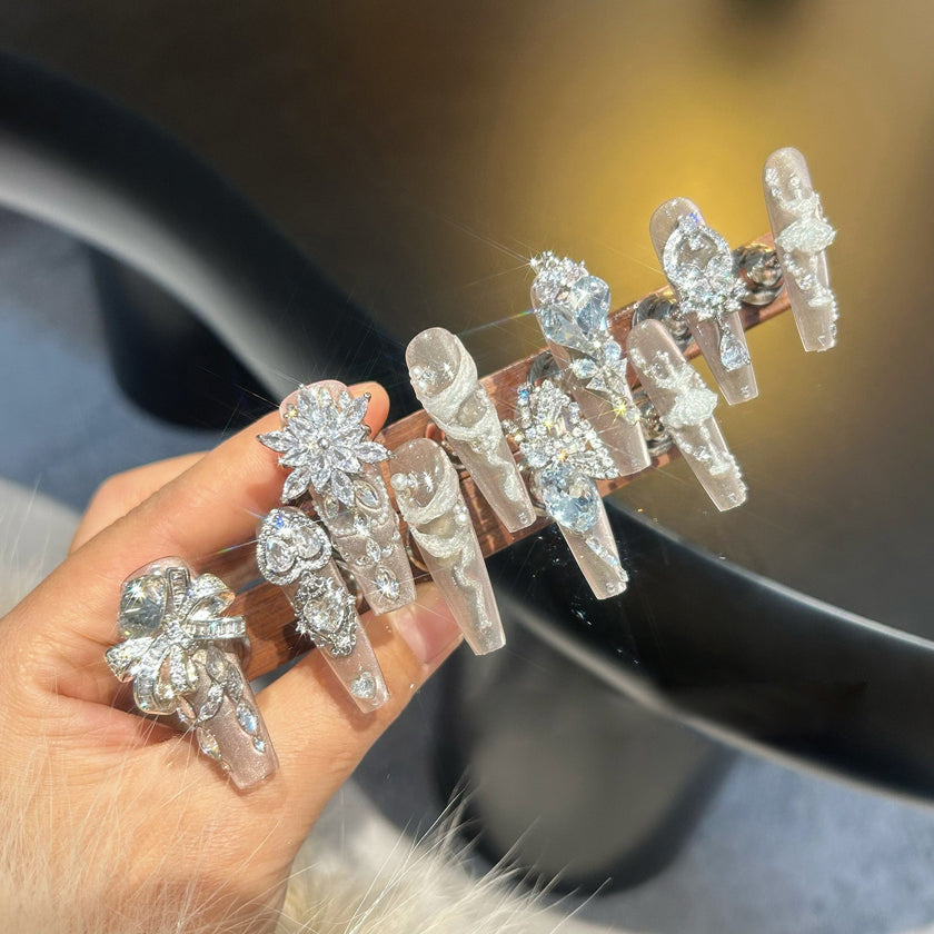 Explosive handmade heavy-duty full-diamond ice-through wearable nails, thin dog ladder, whitening, high-end wearable manicure
