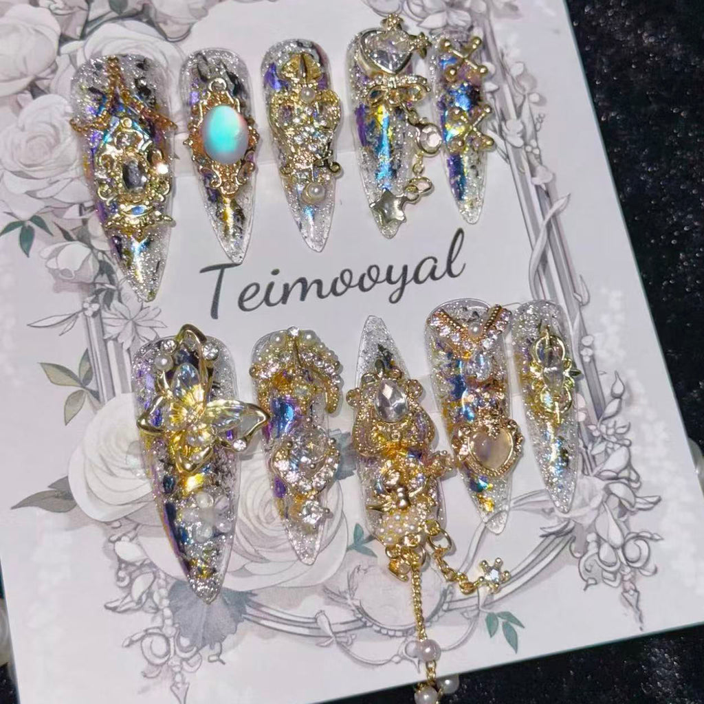 Real shot golden Miaojiang flash diamond temperament manicure baroque transparent wearing armor