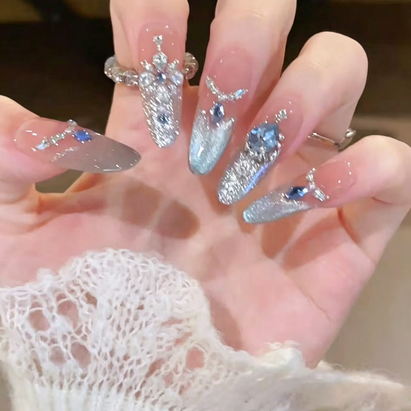 Glass beads gentle cat eye ice wear armor gradual change color diamond jewelry burst flash blue diamond long white advanced sense manicure
