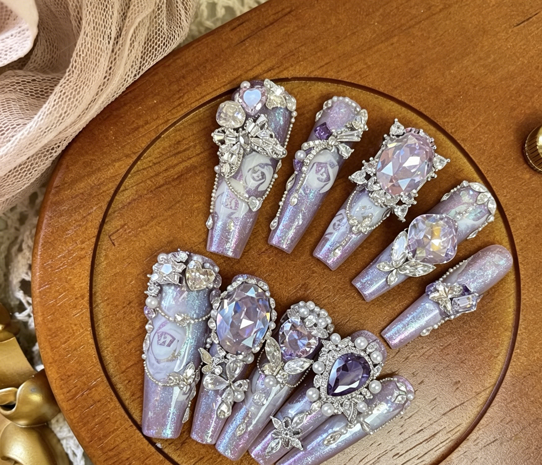 Purple palace light luxury full diamond handmade custom wearable nails watercolor rose flash new detachable nail manicure