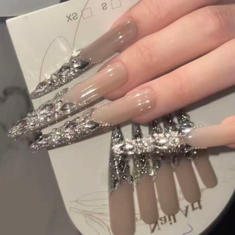 Pure handmade full-diamond French daughter gold flash nails removable wedding nail light luxury whitening advanced nail art wearing temperament