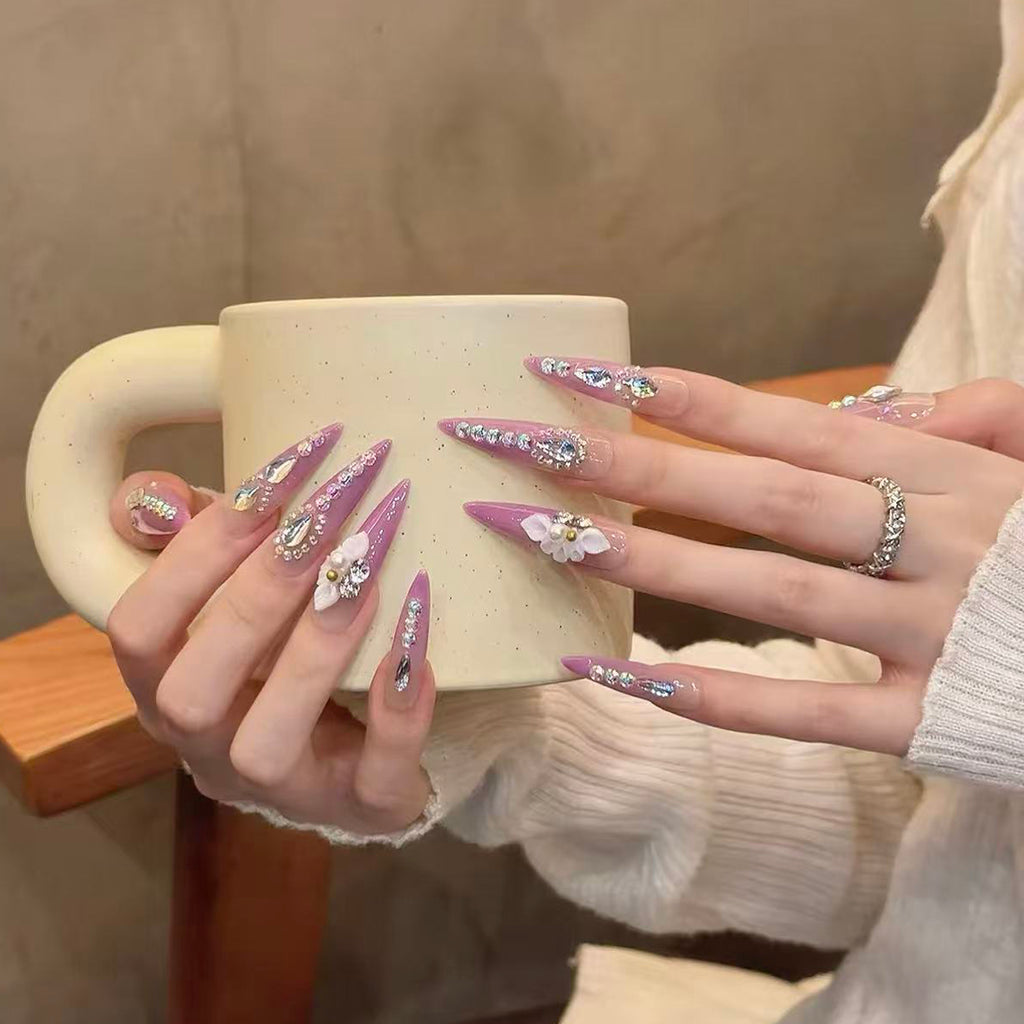 Handmade press-on nails, full diamond floral design, irregular shaped rhinestones, extra long length, whitening effect, high-end manicure, nail stickers