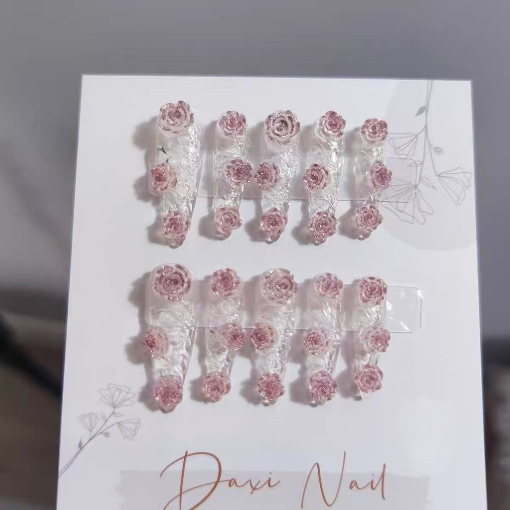 Handmade custom press-on nails: spring/summer new collection - icy transparent camellia design, instagram-worthy, pure & sultry, high-end student style
