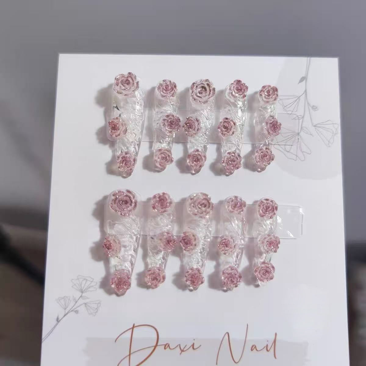 Handmade custom press-on nails: spring/summer new collection - icy transparent camellia design, instagram-worthy, pure & sultry, high-end student style
