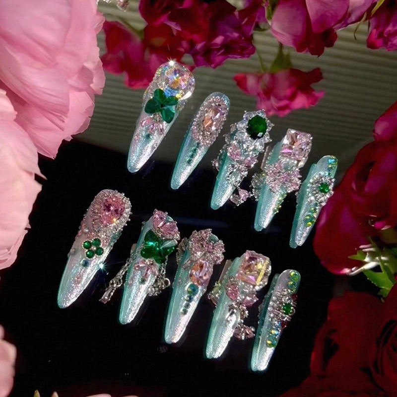 Heavy Industry Original Luxury Pink and Green Contrast Color Zircon Diamond Long Handmade Wear Nail Custom Nail Art