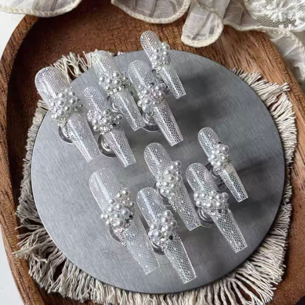 Pearl lace new arrivallong bridal wedding nails wearable nails heavy industry purely handmade original
