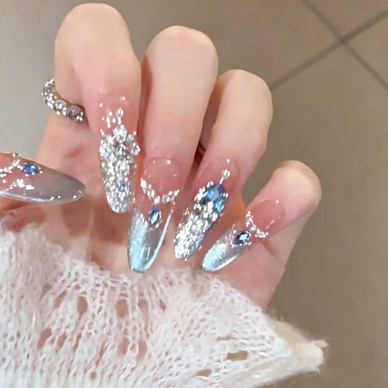 Glass beads gentle cat eye ice wear armor gradual change color diamond jewelry burst flash blue diamond long white advanced sense manicure