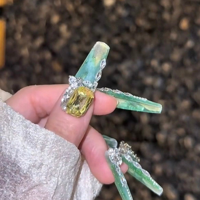 Handmade wearable nail art heavy industry luxurious classy gold and green smudged wearable nail art