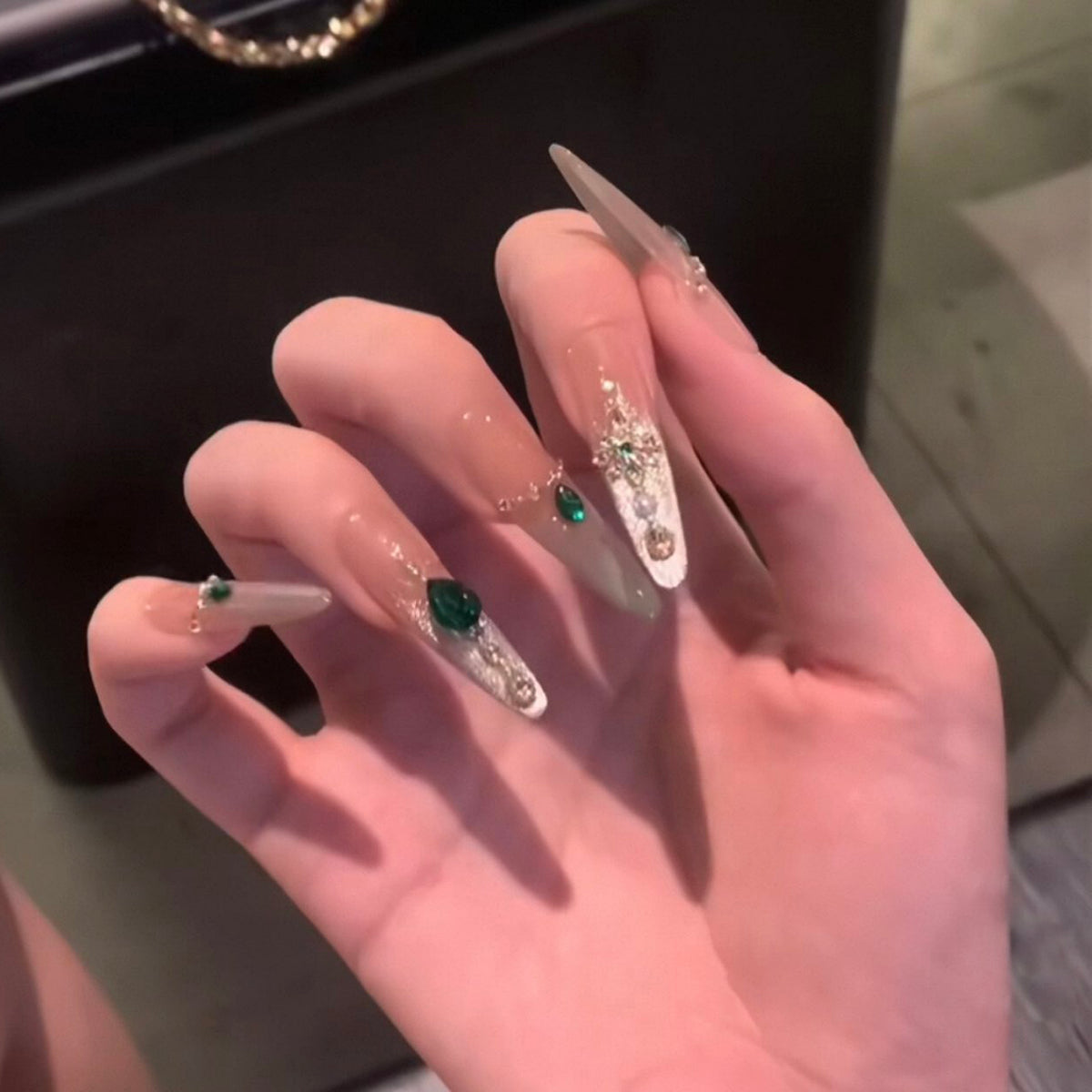 Handmade press-on nails - summer mid-length cat eye, luxe retro, elegant, and flattering white gel nail tips