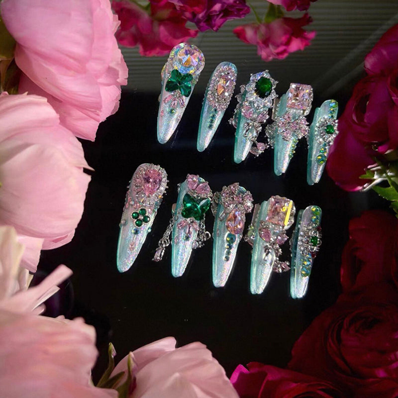 Heavy Industry Original Luxury Pink and Green Contrast Color Zircon Diamond Long Handmade Wear Nail Custom Nail Art