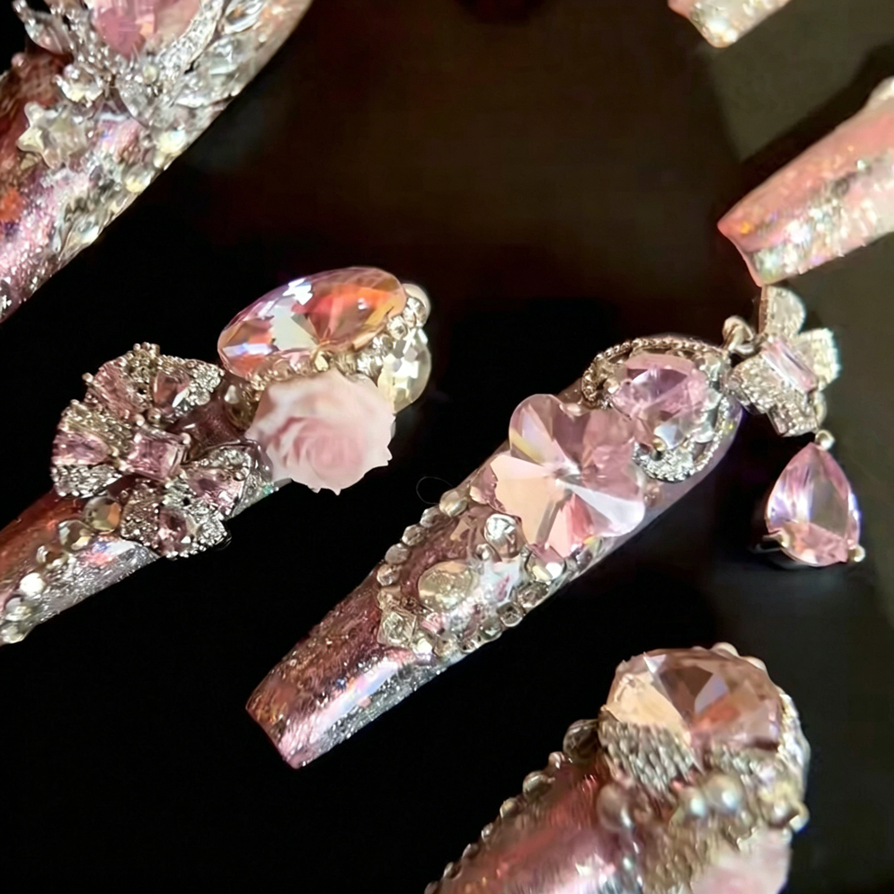 Powder Crystal Crushed Mang Heavy Industry Original Fairy Qi Pink Printed Zircon Diamond Long Handmade Wear Nail Customized Nail Art