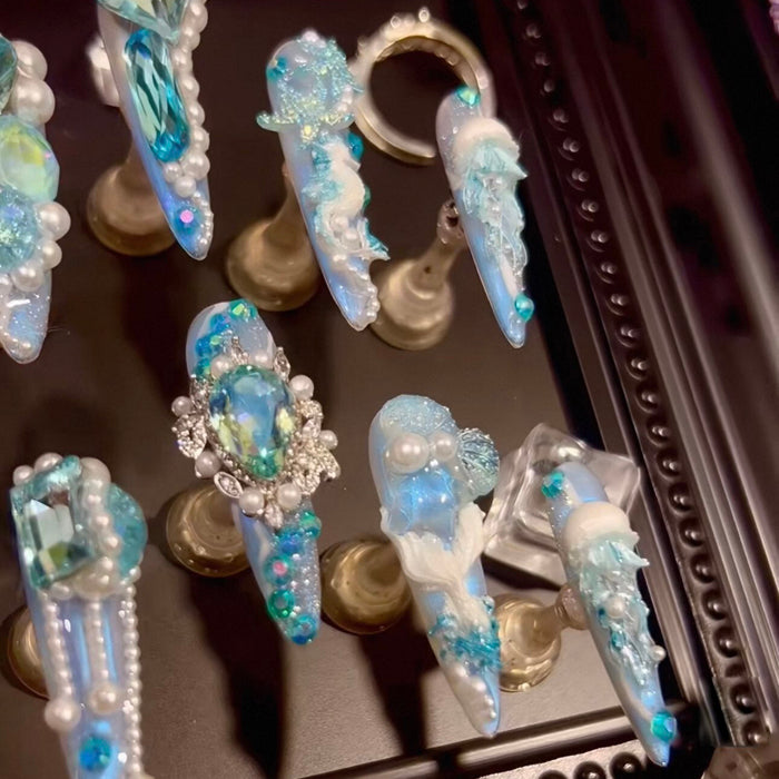 Haiyu Castle Heavy Industry Ocean Wind Jellyfish Sky Blue Zircon Diamond Long Handmade Wear Nail Custom Nail Art