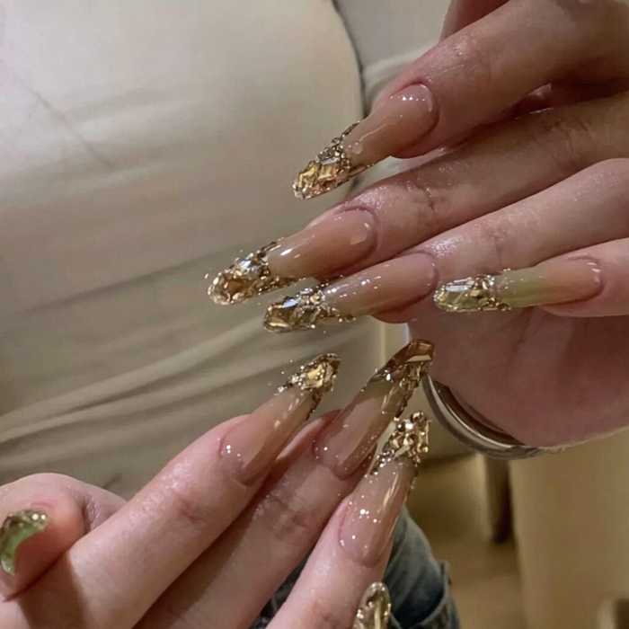 Champagne french chic nude shimmer gold diamond ins style - white-brightening, luxurious, high-end handmade press-on nails