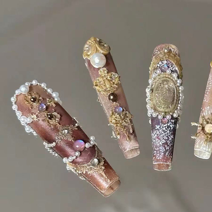 Original handmade press-on nails: baroque vintage court style manicure