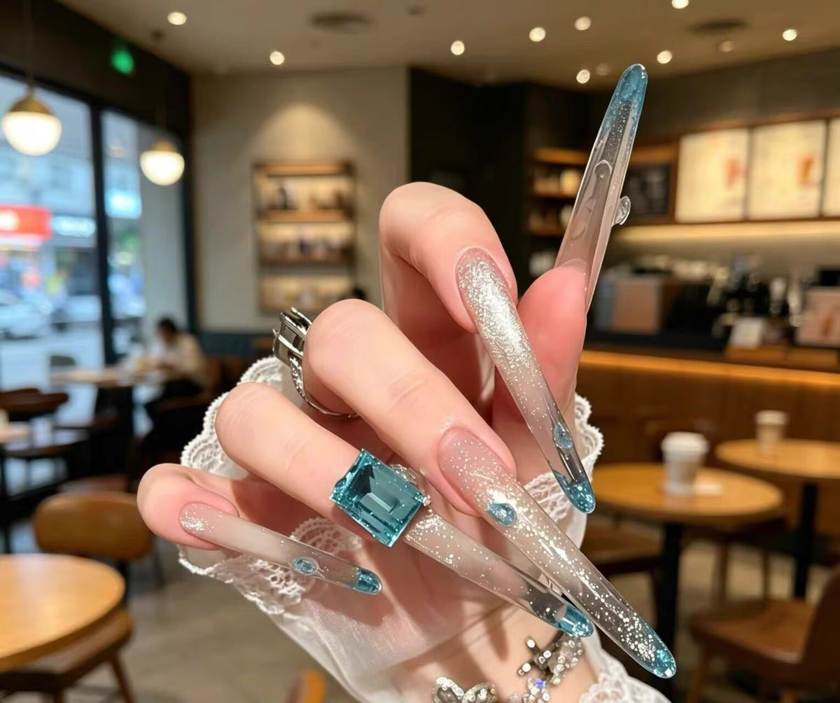 High-luxury peacock blue full-flower diamonds flash cat's eye French wedding nail pure handmade nail wear nail