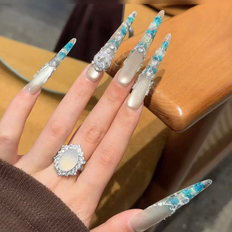 French cat's eye dried flower wearing nail medium and long high-end handmade nail patch new beautiful wearing nail art