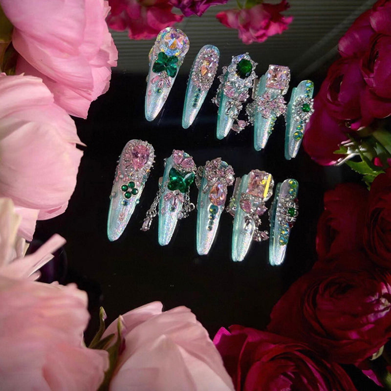 Heavy Industry Original Luxury Pink and Green Contrast Color Zircon Diamond Long Handmade Wear Nail Custom Nail Art