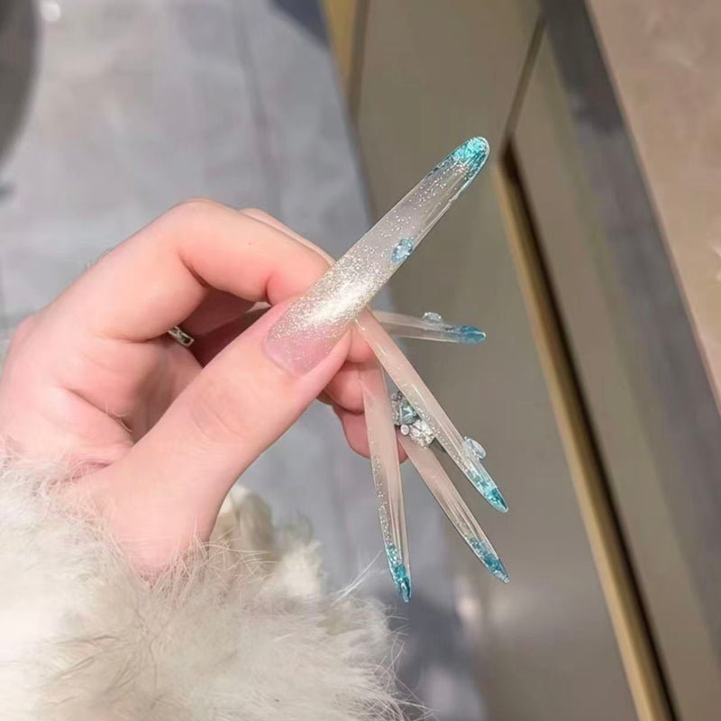 High-luxury peacock blue full-flower diamonds flash cat's eye French wedding nail pure handmade nail wear nail