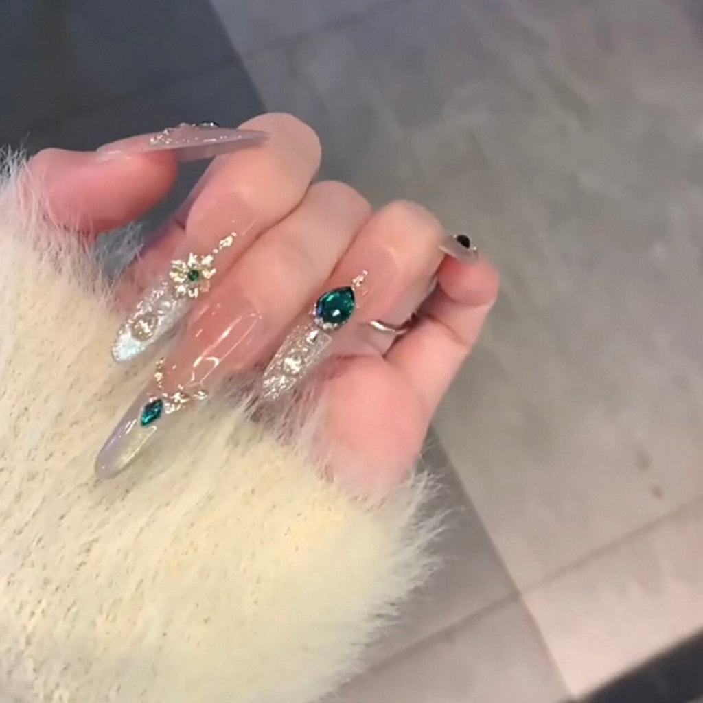 Handmade press-on nails - summer mid-length cat eye, luxe retro, elegant, and flattering white gel nail tips
