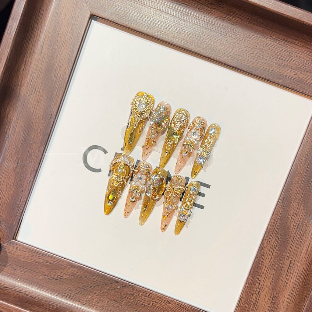 New gold glitter handmade full diamond press-on nails - gold, brightening, high-end press-on nails