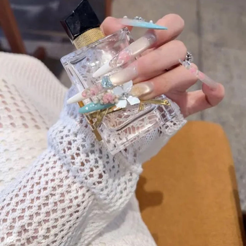 French cat eye wearing nail medium and long three-dimensional dried flower high-end nail patch beautiful hand-worn nail art