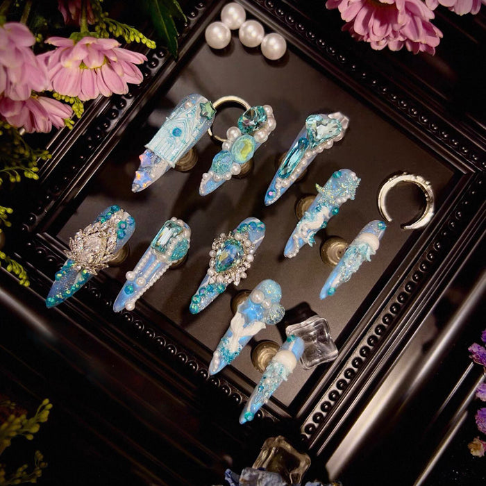 Haiyu Castle Heavy Industry Ocean Wind Jellyfish Sky Blue Zircon Diamond Long Handmade Wear Nail Custom Nail Art
