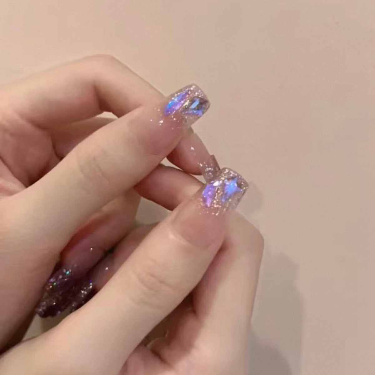 Handmade press-on nails: ethereal purple shimmer, dazzling aurora diamond, soft & flattering, ultra-fairy false nails