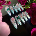 Heavy Industry Original Luxury Pink and Green Contrast Color Zircon Diamond Long Handmade Wear Nail Custom Nail Art