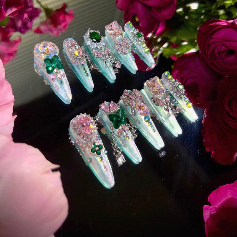 Heavy Industry Original Luxury Pink and Green Contrast Color Zircon Diamond Long Handmade Wear Nail Custom Nail Art