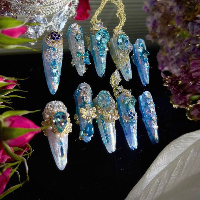 Luxury blue magic gold heavy industry original luxury blue gradual change zircon diamond long handmade wear nail custom nail art