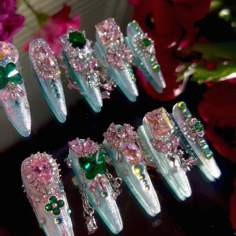Heavy Industry Original Luxury Pink and Green Contrast Color Zircon Diamond Long Handmade Wear Nail Custom Nail Art