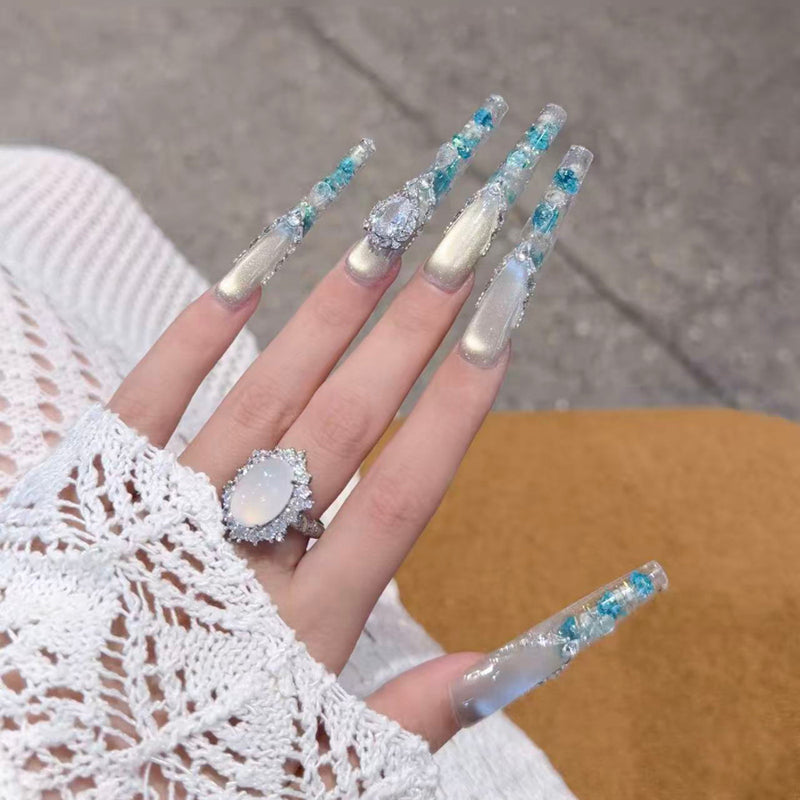 French cat's eye dried flower wearing nail medium and long high-end handmade nail patch new beautiful wearing nail art