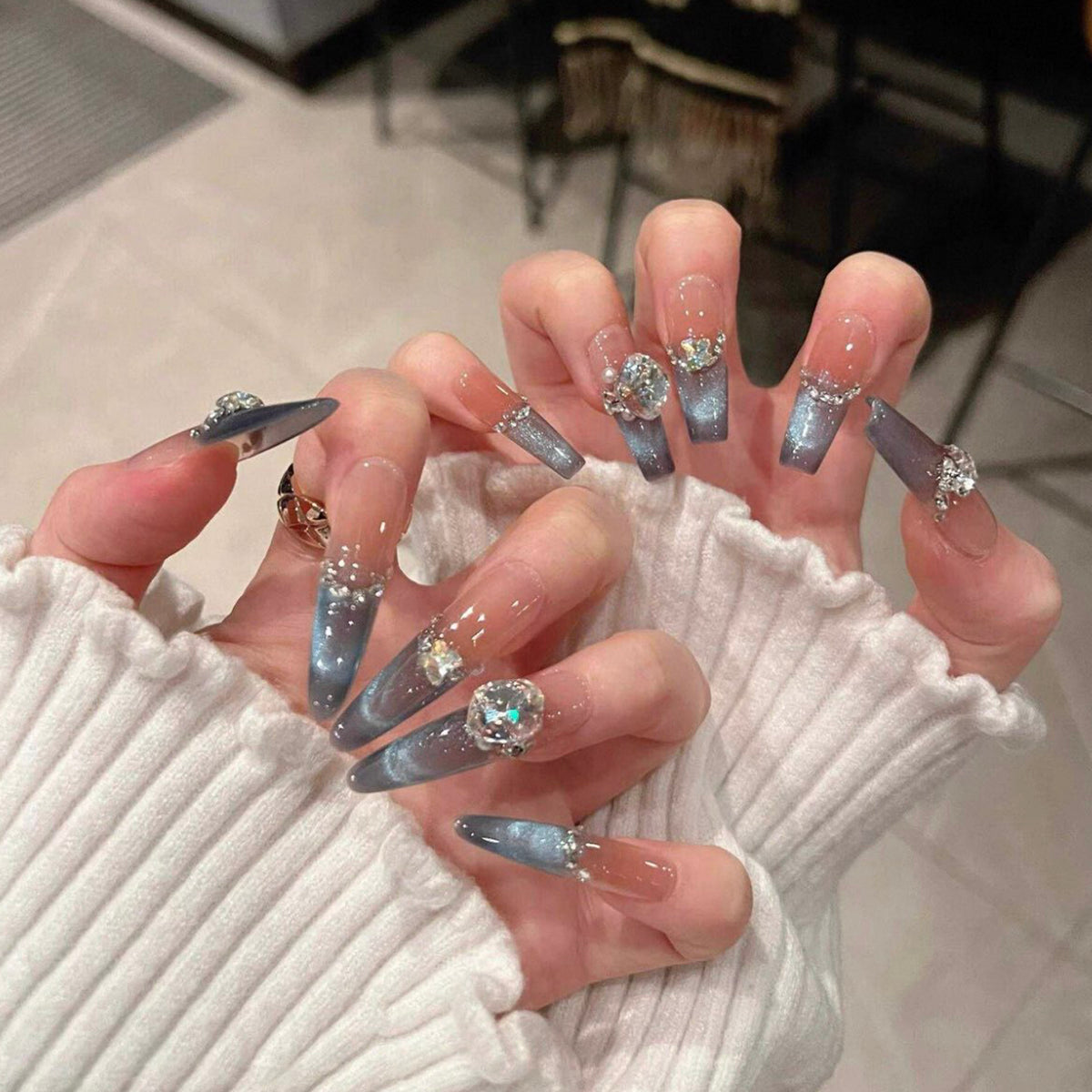 Spring new arrivals: dreamy ocean blue smiling french cat eye premium handmade press-on nails